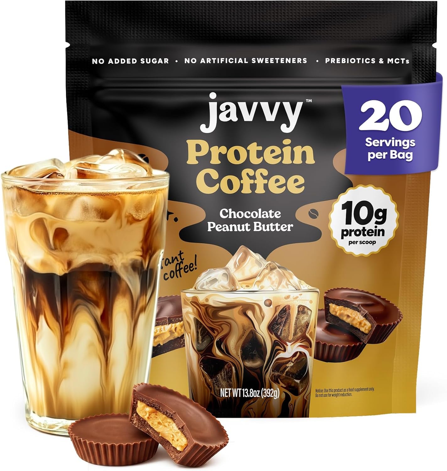 Protein Iced Coffee - Premium Whey Protein & Iced Coffees, 100% Natural Cold Brew, Zero Artificial Flavors & Sweeteners, 80Mg Caffeine, No Added Sugar, 20 Servings, Choc Peanut Butter, 1 Pack