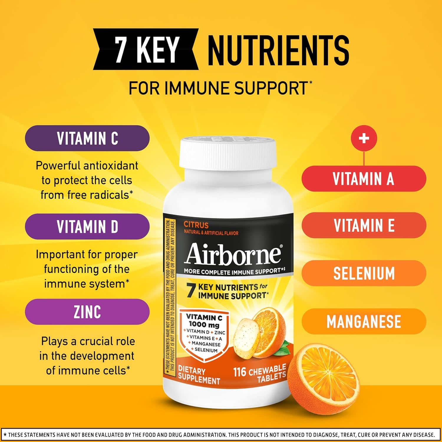 Citrus Chewable Tablets, 116Ct | Immune Support Supplement with 1000Mg Vitamin C + Vitamins A, D, E, Zinc,Selenium, & Manganese | Herbal Blend | Gluten Free