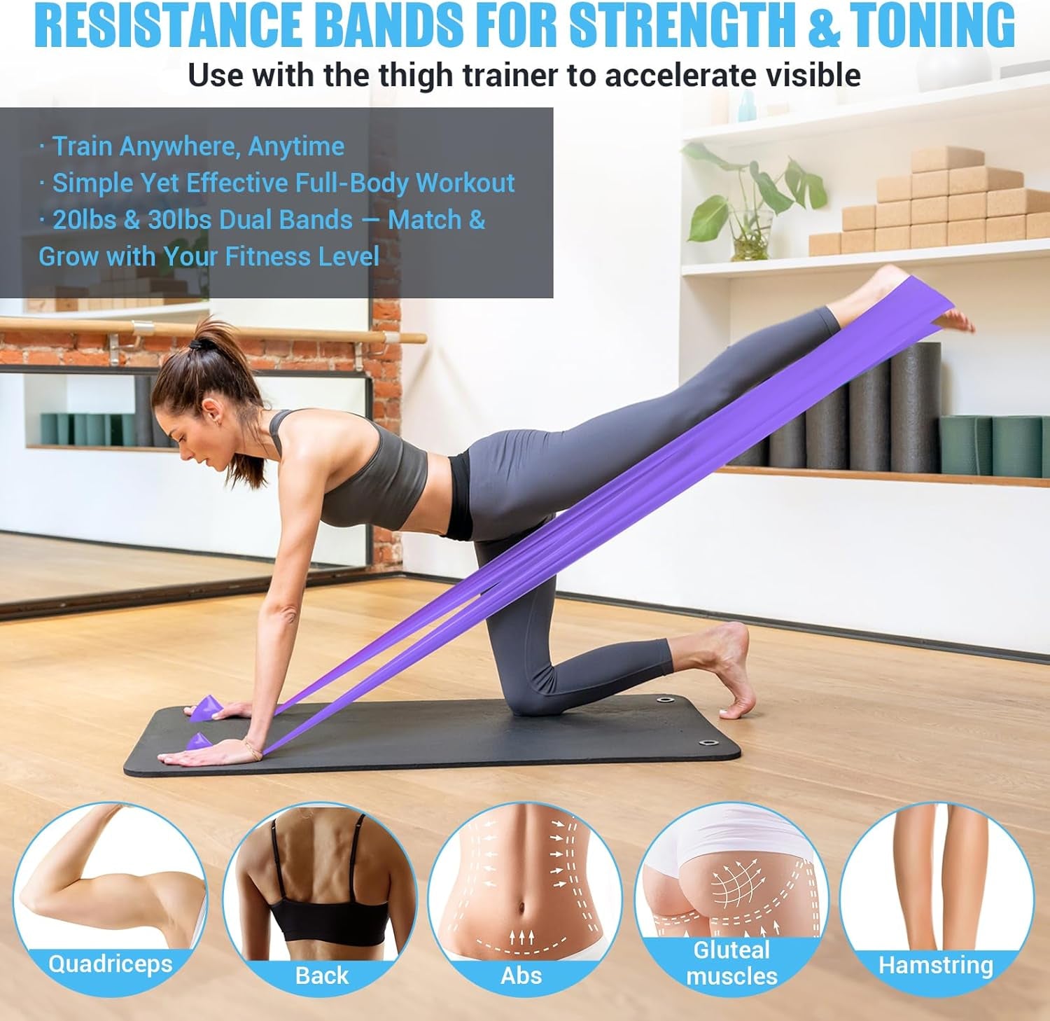 Inner Thigh Exerciser for Women, 15-80 LB Adjustable Resistance Thigh Trainer with Resistance Band(2Pc), Thigh Workout Kegel Equipment for Pelvic Floor Muscle, Shaping, Yoga & Home Fitness