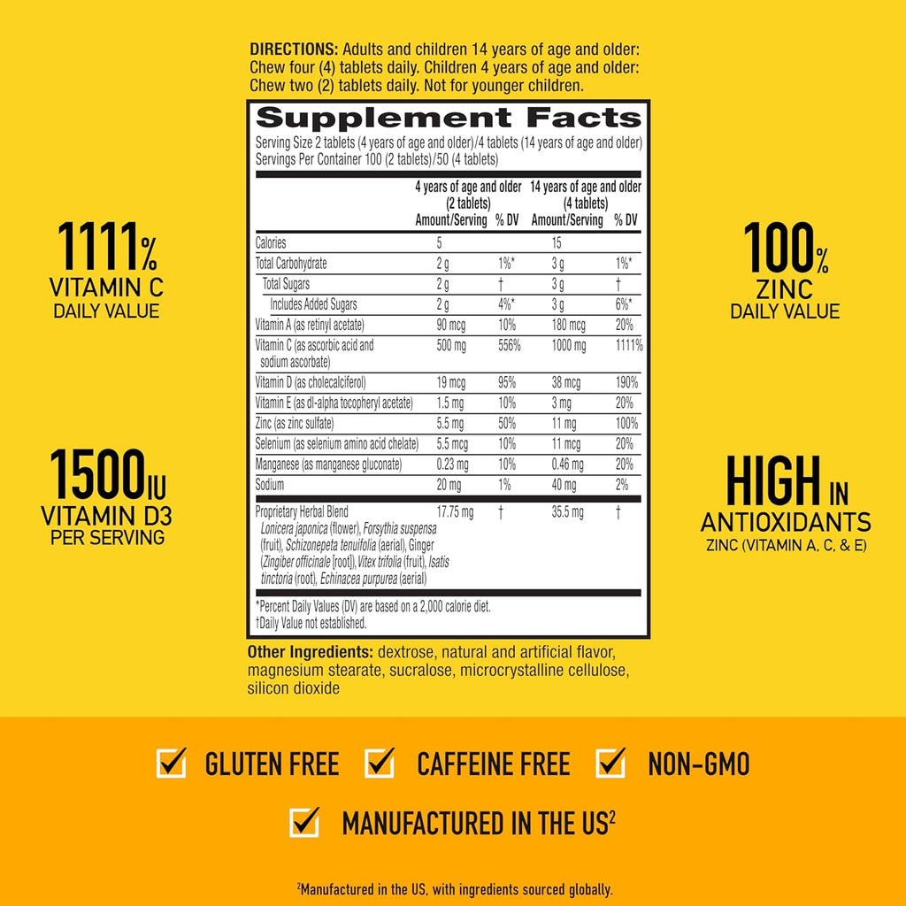 Citrus Chewable Tablets, 116Ct | Immune Support Supplement with 1000Mg Vitamin C + Vitamins A, D, E, Zinc,Selenium, & Manganese | Herbal Blend | Gluten Free