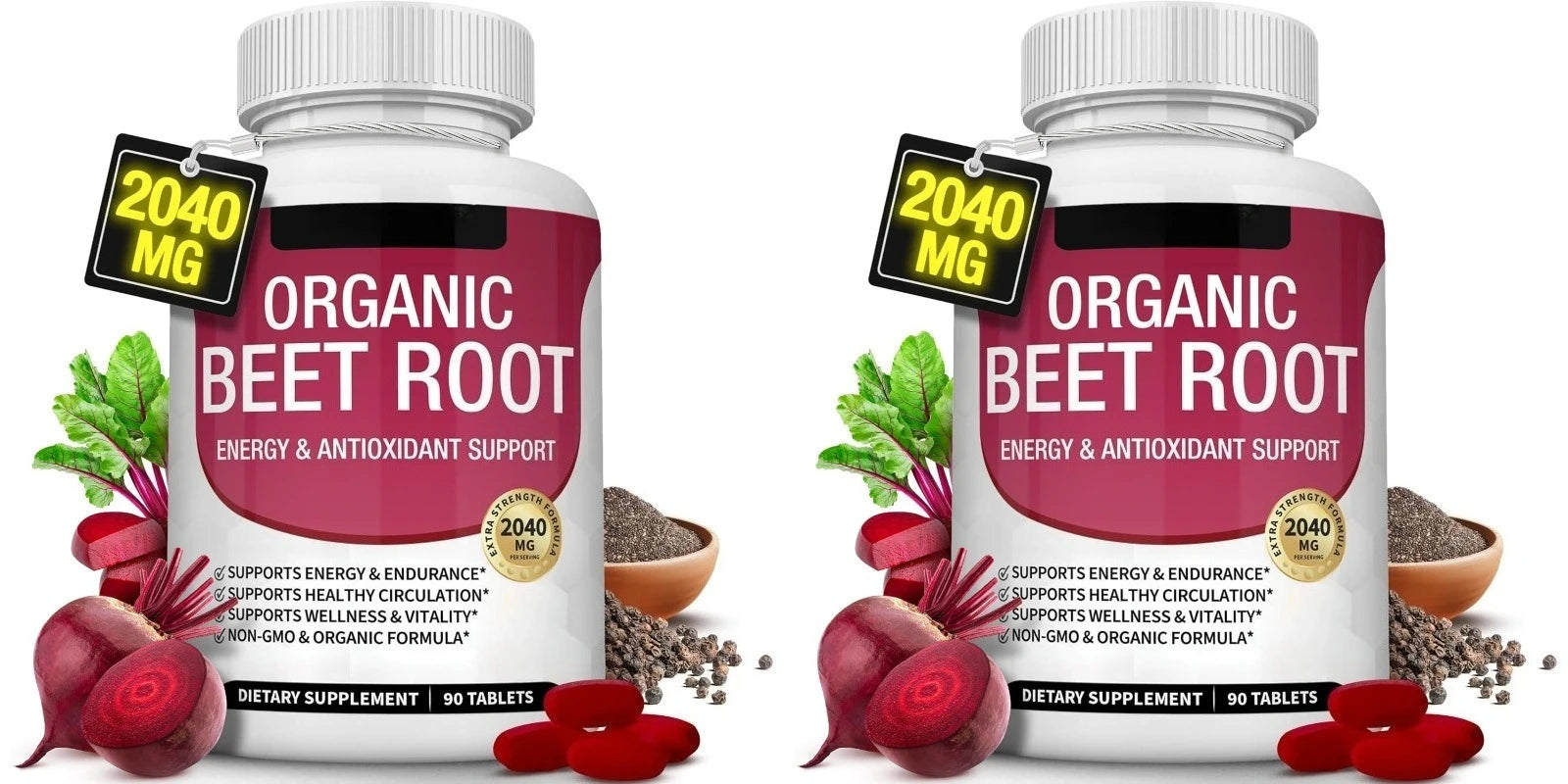 Organic Beet Root with Black Pepper Natural Energy Boost Immune Support Antioxidant Supplement Non-Gmo Gluten Free 90 Tablets