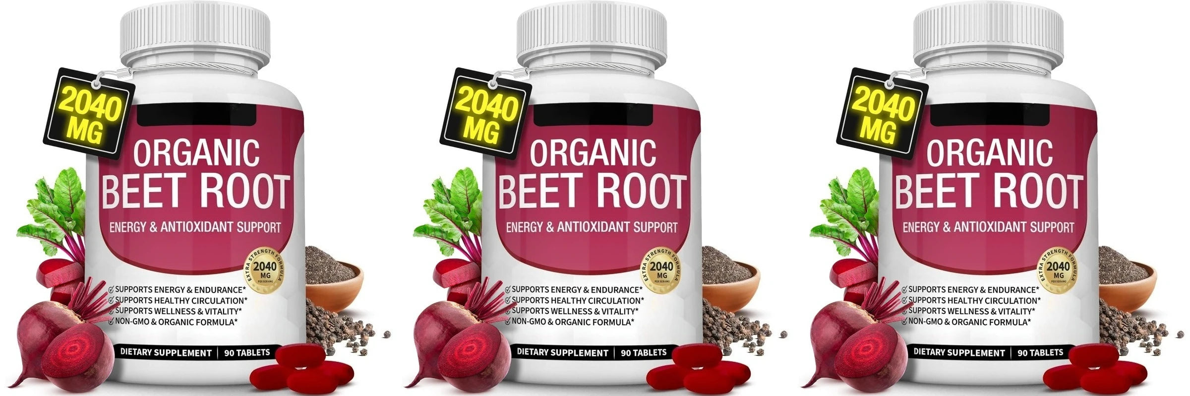Organic Beet Root with Black Pepper Natural Energy Boost Immune Support Antioxidant Supplement Non-Gmo Gluten Free 90 Tablets